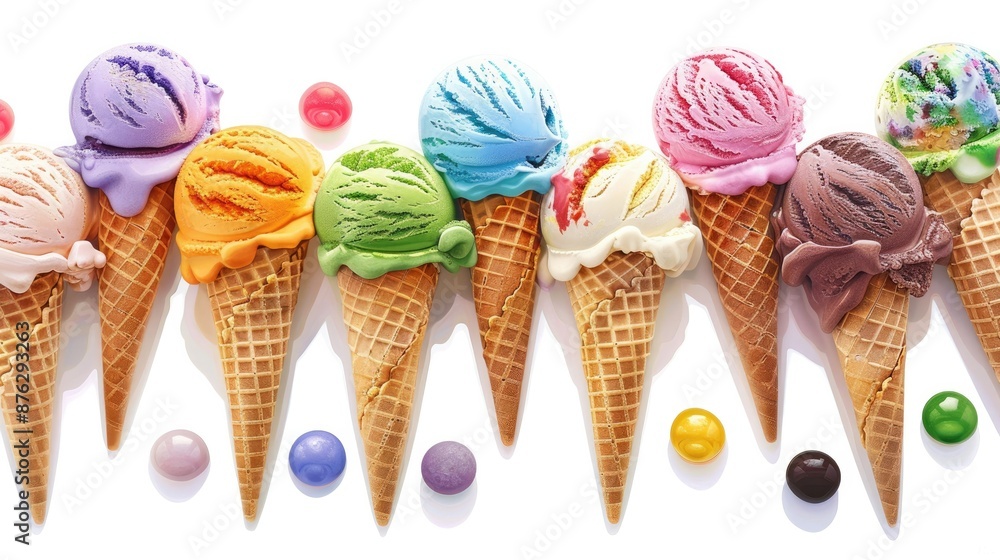 Vibrant Assortment of Creamy Ice Cream Cones in Classical Still Life Composition Vibrant Assortment of Creamy Ice Cream Cones in Classical Still Life Composition