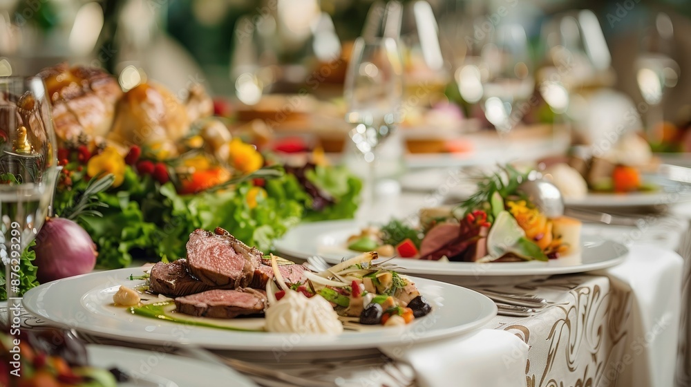 Exquisite Hotel Feast with Artfully Crafted Haute Cuisine and Meticulously Arranged Place Settings Exquisite Hotel Feast with Artfully Crafted Haute Cuisine and Meticulously Arranged Place Settings