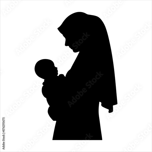 Muslim woman with baby silhouette on white background. Woman with baby icon sign vector illustration design.