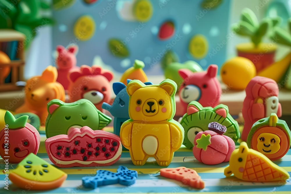 A whimsical collection of novelty erasers shaped like animals and fruits, arranged playfully on a child's study desk A whimsical collection of novelty erasers shaped like animals and fruits, arranged playfully on a child's study desk