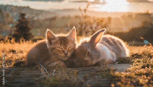 sleeping kitten & rabbit