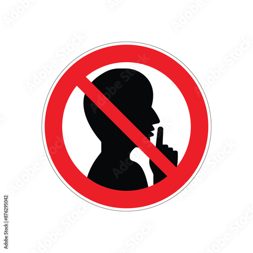 Keep quiet / silent please sign. Crossed person talking / Shhh icon in circle. , on white background