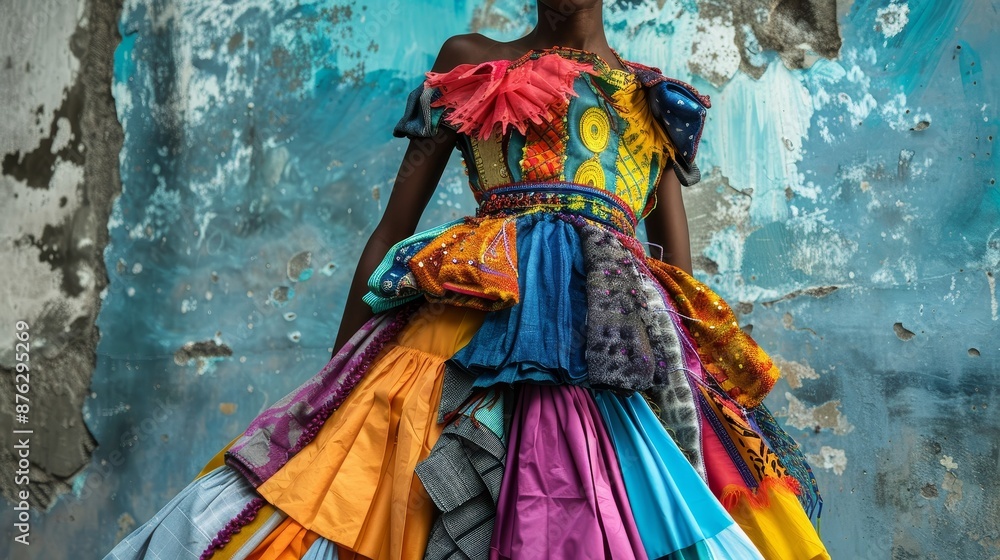 Fototapeta premium Revived Elegance: Vibrant Upcycled Fashion Piece with Innovative Design