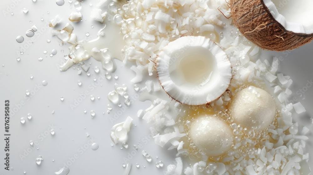 Artisanal Coconut Oil Production with Creamy Textures and Glistening Beads on Plain White Background Artisanal Coconut Oil Production with Creamy Textures and Glistening Beads on Plain White Background