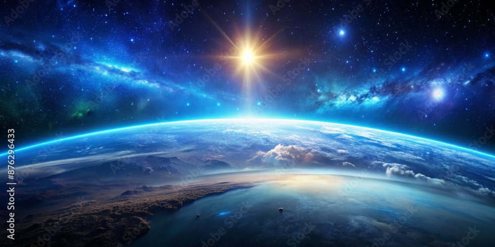 Fototapeta premium A Cosmic Sunrise Over a Distant World, Digital Art, Earth-like Planet, Distant Galaxy, Starry Sky, Space Exploration, Galaxy, Planet, Sunrise