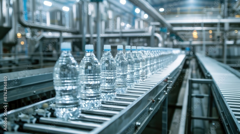 Gleaming Stainless Steel Machinery in a Modern Water Bottling Plant Gleaming Stainless Steel Machinery in a Modern Water Bottling Plant