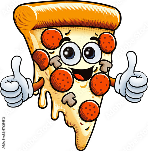 A cute pizza cartoon character mascot food illustration giving a thumbs up