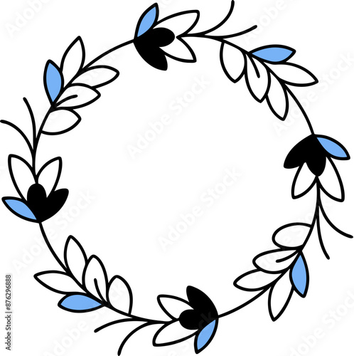 Stylish floral wreath with blue and black accents, great for contemporary designs.