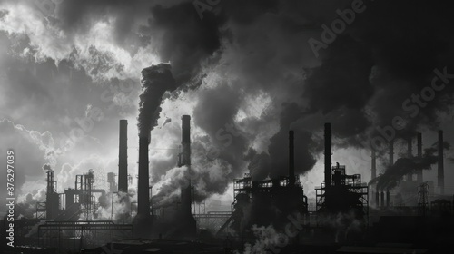 Billowing Industrial Smoke Pouring from Factory Chimneys in Gritty Urban Landscape