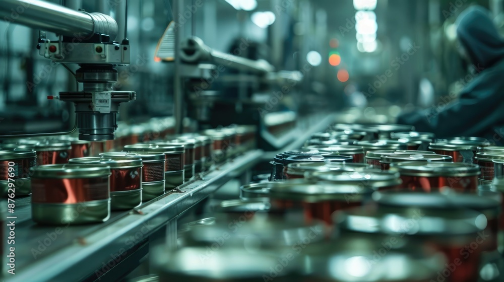 Automated Canned Goods Packaging in Muted Industrial Workspace Automated Canned Goods Packaging in Muted Industrial Workspace