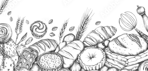 A hand drawn of various breads and pastries isolated with engraved retro style and copy space