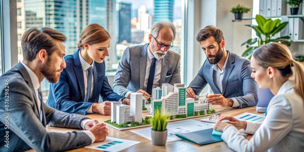 Business Team Discussing a Cityscape Model, Businesspeople, Collaboration, Architecture, Real Estate Business Team Discussing a Cityscape Model, Businesspeople, Collaboration, Architecture, Real Estate