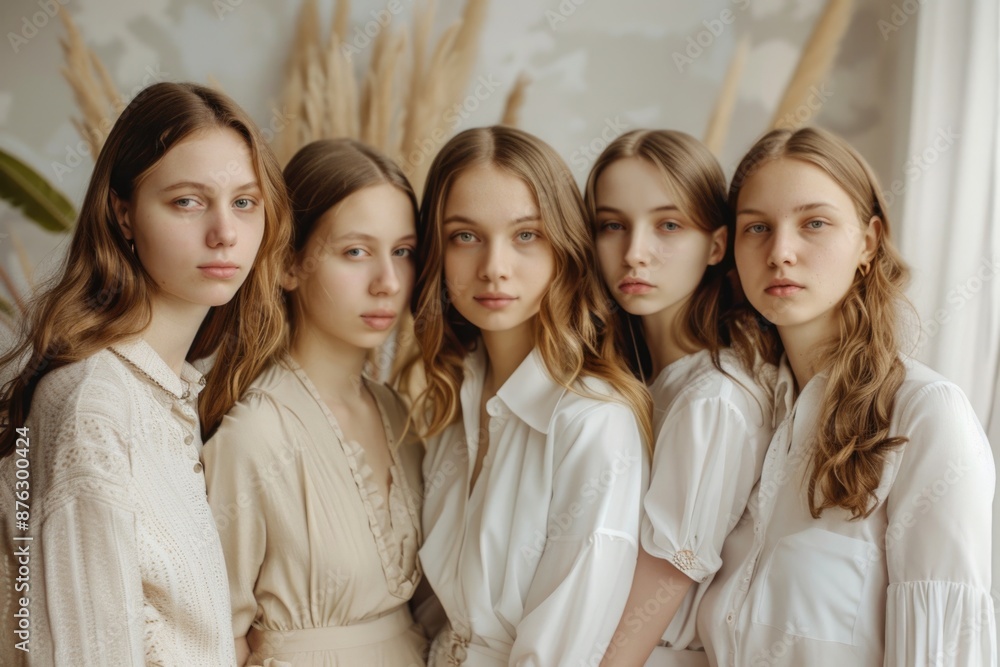 A powerful group of women standing proudly side by side, their unity and strength evident in their poses and expressions A powerful group of women standing proudly side by side, their unity and strength evident in their poses and expressions