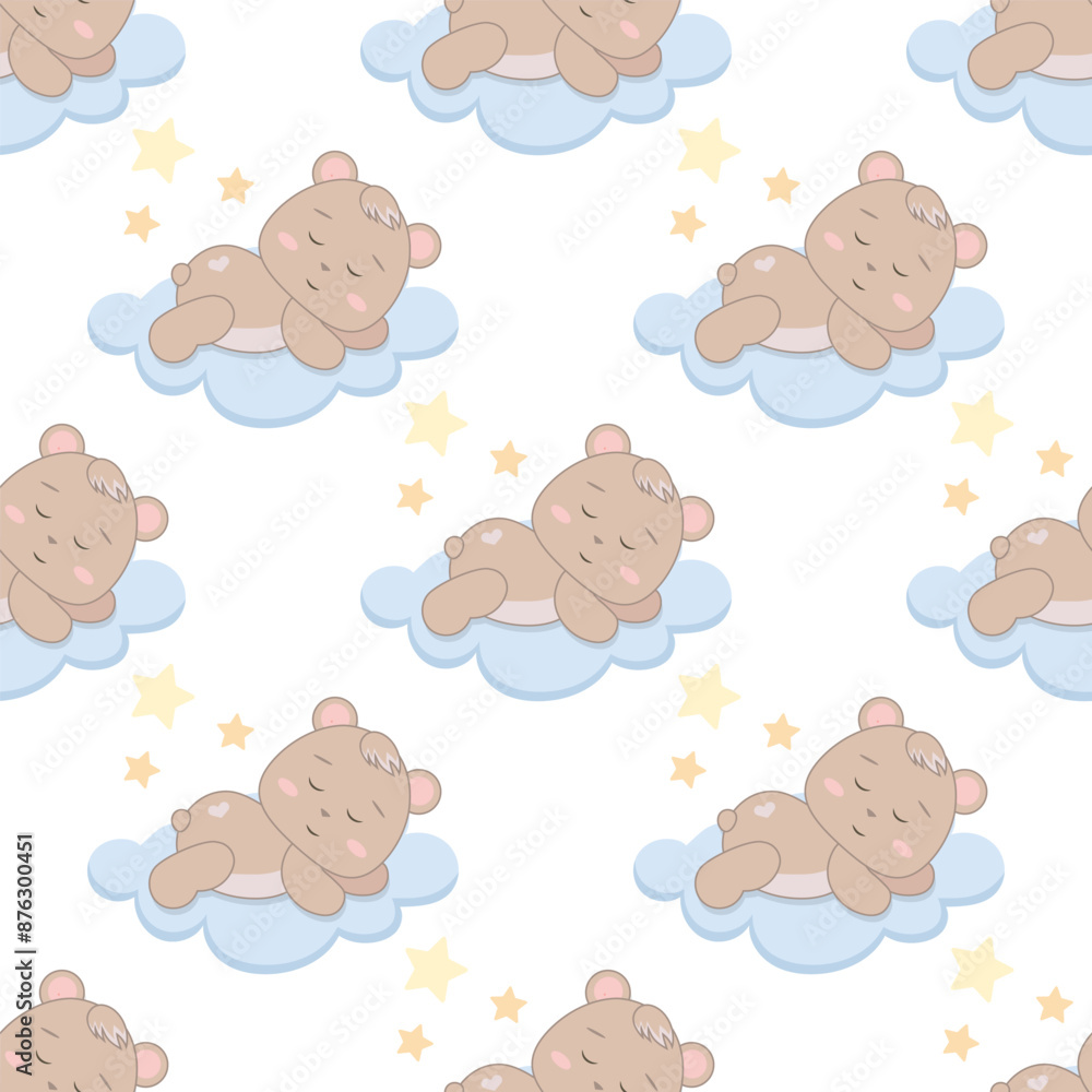 Fototapeta premium Children s cute pattern with a small sleeping bear cub on the clouds. Childrens cute background for wallpaper, paper, fabric.