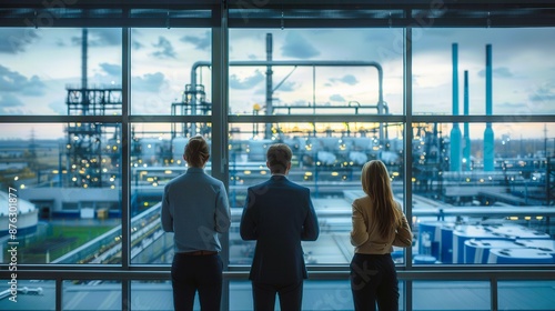 Business team observing industrial plant through large windows, discussing future strategies and advancements in technology.