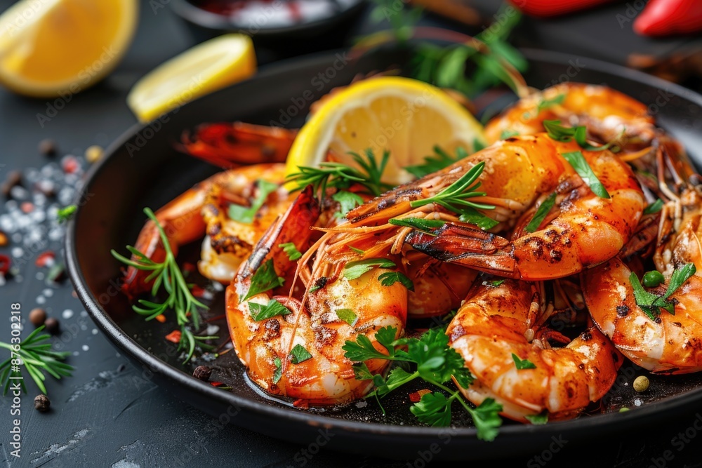 Fried shrimps with lemon and herbs on dark plate, closeup Fried shrimps with lemon and herbs on dark plate, closeup