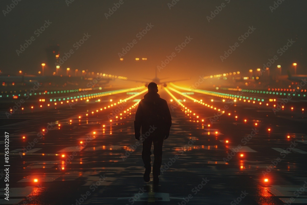 Fototapeta premium A lone silhouette of an airport worker is captured walking along the runway, framed by the glow of runway lights. The image highlights the solitude and responsibility of their role, emphasizing the