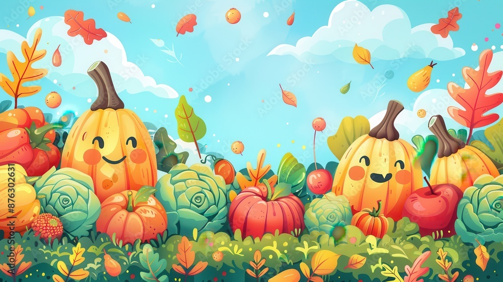 Obraz premium Whimsical autumn scene with happy pumpkins and colorful leaves, perfect for a festive and delightful fall illustration or background.