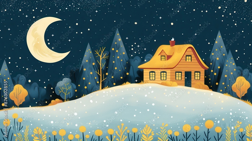 Fototapeta premium Whimsical winter night illustration featuring a cozy house on a snowy hill with a crescent moon and starry sky overhead, surrounded by trees.