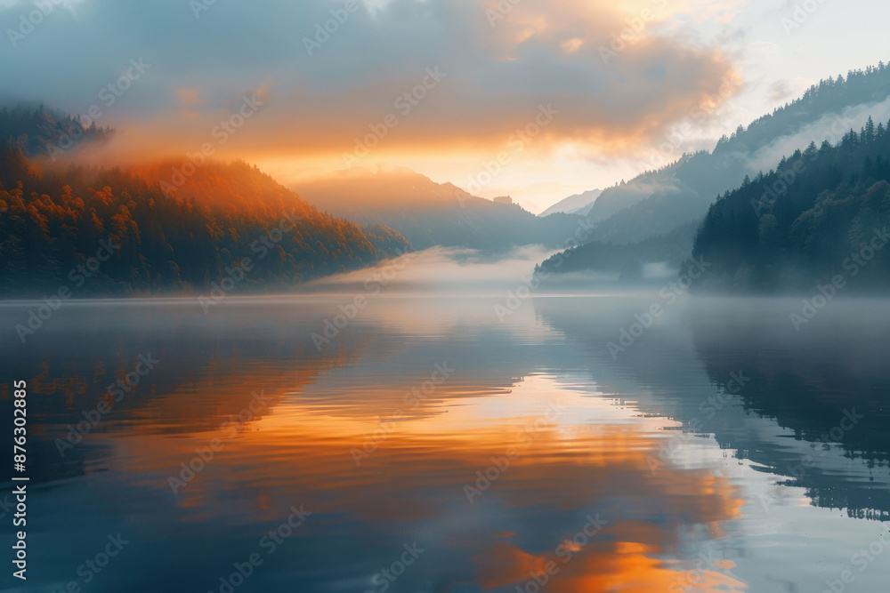 Fototapeta premium Sunset Over Serene Mountain Lake with Mist 