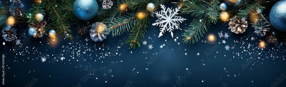 Banner of the Christmas and New Year background. Top view of a Christmas ball, a Christmas wreath, a star and a snowflake on a dark background with a place for text. Banner of the Christmas and New Year background. Top view of a Christmas ball, a Christmas wreath, a star and a snowflake on a dark background with a place for text.
