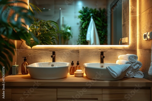 Modern Luxurious Bathroom with Double Sink Vanity and Ambient Lighting