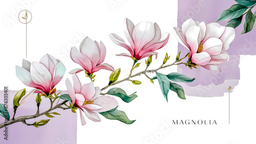 Wallpaper Mural Elegant Magnolia Branch: A Delicate Watercolor Illustration Perfect for Botanical Art Enthusiasts and Home Décor Ideal for Wall Art, Botanical Prints, Greeting Cards, and Elegant Home Decor Torontodigital.ca