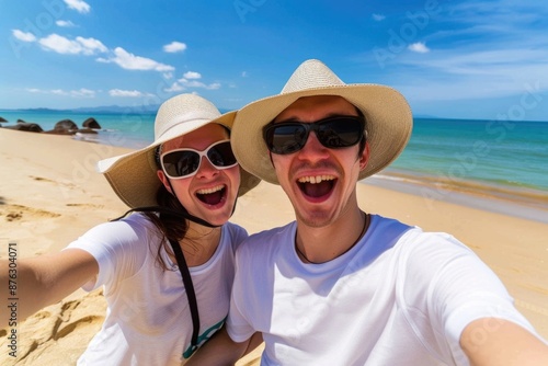 A couple takes a selfie on a sunny beach, smiling broadly at the camera. They wear matching wide-brimmed hats and sunglasses