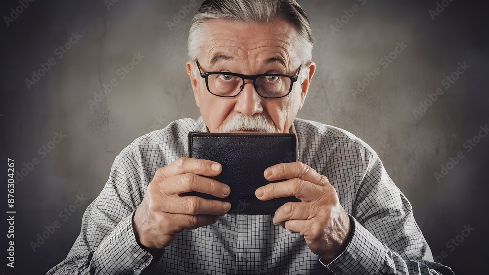 Close-up of an elderly person with a weathered face and sad eyes, holding a worn-out wallet in their hand, poor senior person Close-up of an elderly person with a weathered face and sad eyes, holding a worn-out wallet in their hand, poor senior person