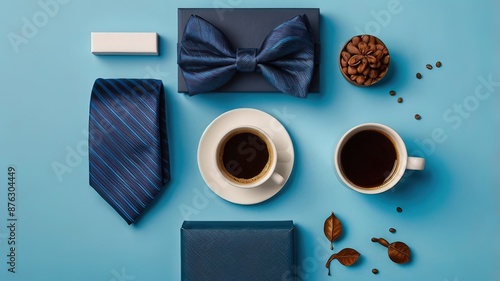 Celebrate Father's Day with a curated display of morning essentials like coffee and elegant accessories, all set on a bold blue background photo