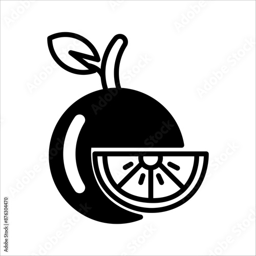 Orange slice, half lemon, fresh fruit, food icon. Black icon on white background.
