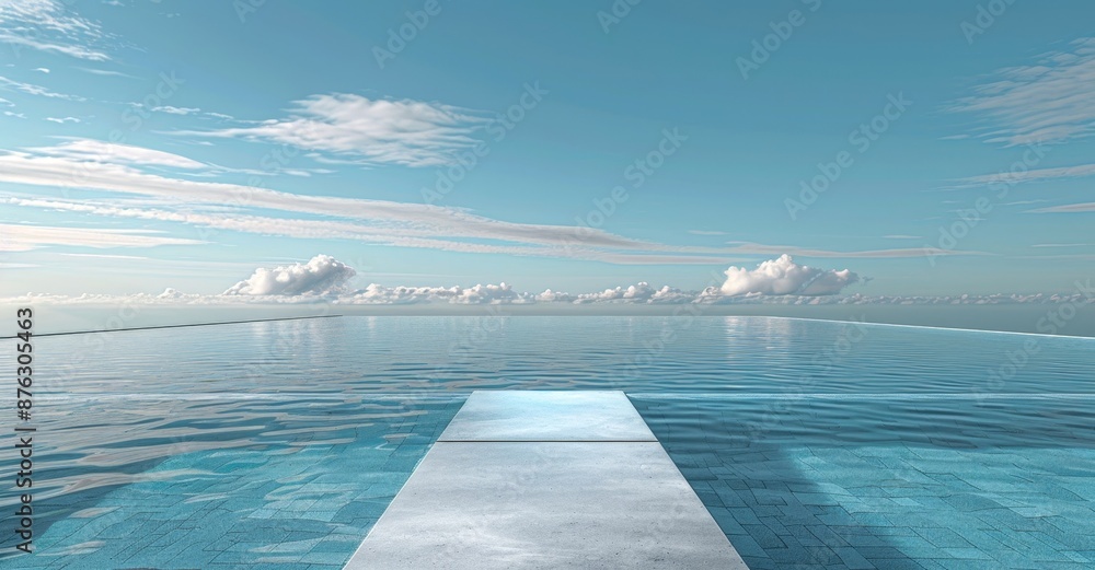 Obraz premium A tranquil infinity pool blends seamlessly with the vast blue sky and fluffy white clouds, creating an illusion of endlessness.