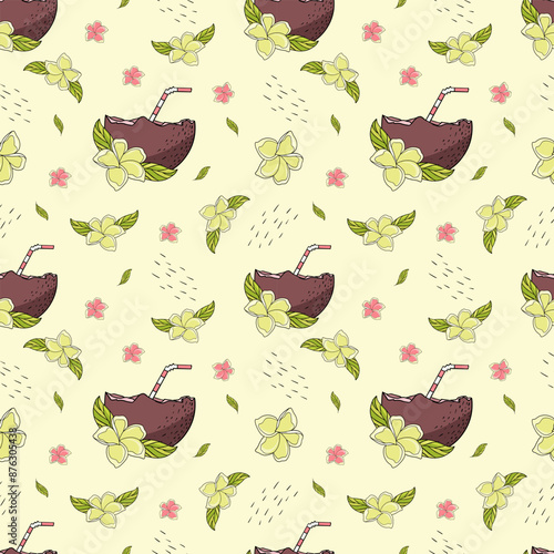 Pattern with cocktails in coconuts and plumeria on a yellow background. 