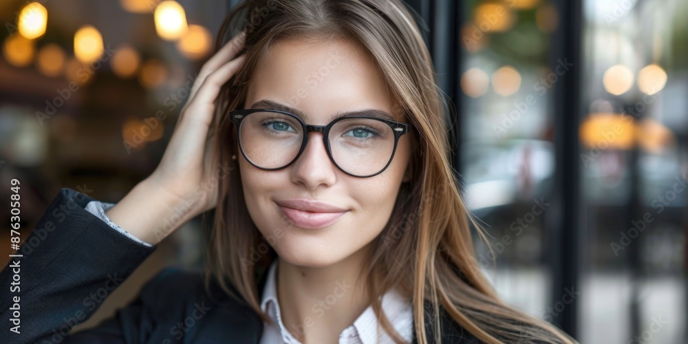 A young woman with long brown hair smiles softly, wearing black rimmed glasses A young woman with long brown hair smiles softly, wearing black rimmed glasses