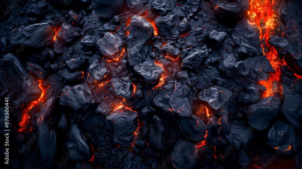 Cracked, blackened rocks glow with fiery orange and red lava seeping through, showcasing the raw power and intense heat of volcanic activity. Cracked, blackened rocks glow with fiery orange and red lava seeping through, showcasing the raw power and intense heat of volcanic activity.