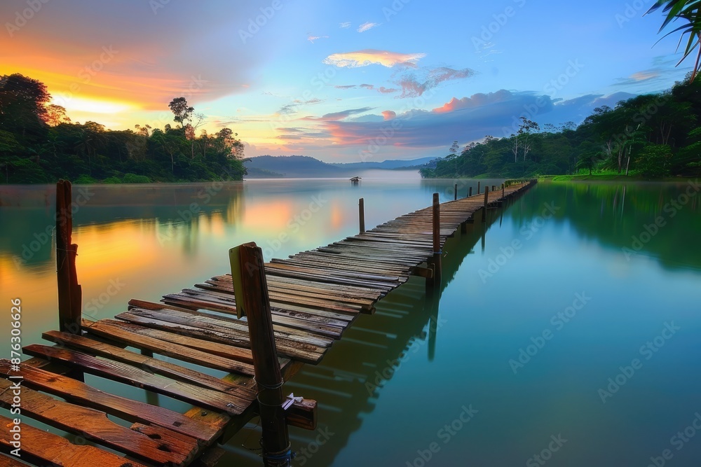 Fototapeta premium Peaceful dock extending into a lake with a stunning sunset background