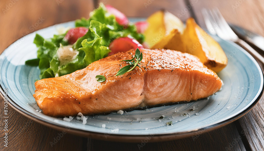 Fried salmon fish with fresh salad and potato. Tasty dish. Delicious food for healthy meal. Close-up. Fried salmon fish with fresh salad and potato. Tasty dish. Delicious food for healthy meal. Close-up.