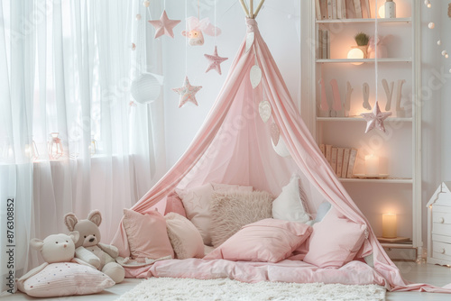 Cozy children's room interior with a pink play tent decorated with fairy lights and paper stars, creating a magical atmosphere © Alexandra