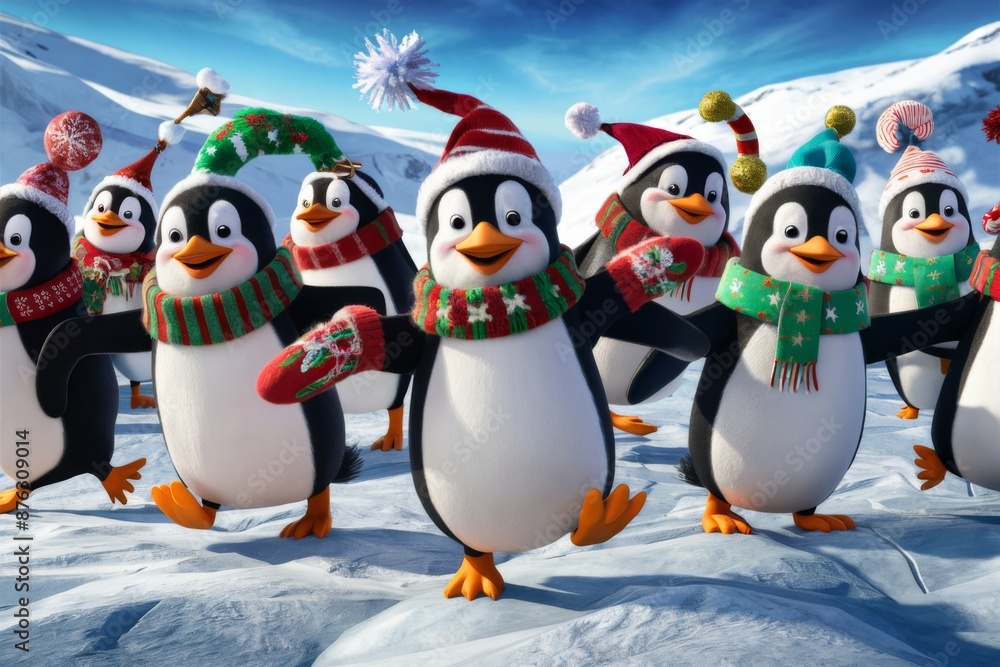 Fototapeta premium Happy Holiday Penguins Dancing in Winter Wonderland, Perfect for Christmas Cards and Seasonal Designs