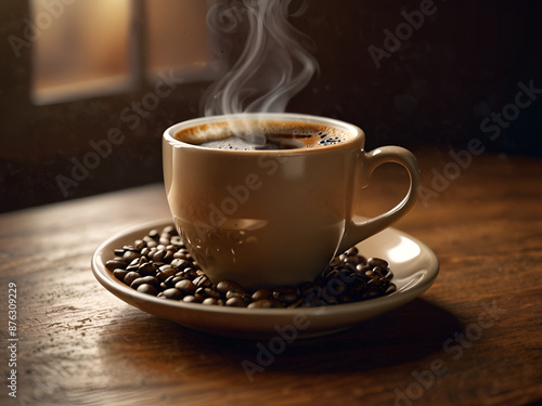 A cup of hot coffee on the table, coffee beans scattered nearby.