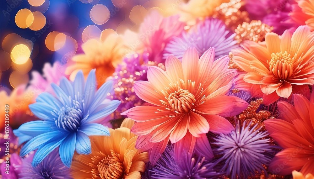 Vibrant Multicolored Flowers with Bokeh Lights Background Vibrant Multicolored Flowers with Bokeh Lights Background