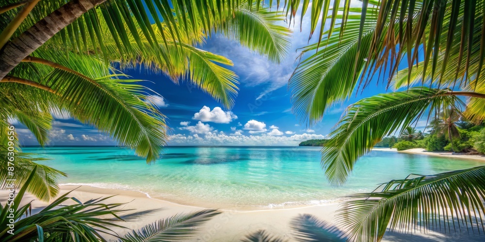 Tropical Paradise Palm Leaves Framing a Tranquil Beach Scene, Palm Trees, Turquoise Water, White Sand , paradise , tropical , beach , vacation Tropical Paradise Palm Leaves Framing a Tranquil Beach Scene, Palm Trees, Turquoise Water, White Sand , paradise , tropical , beach , vacation