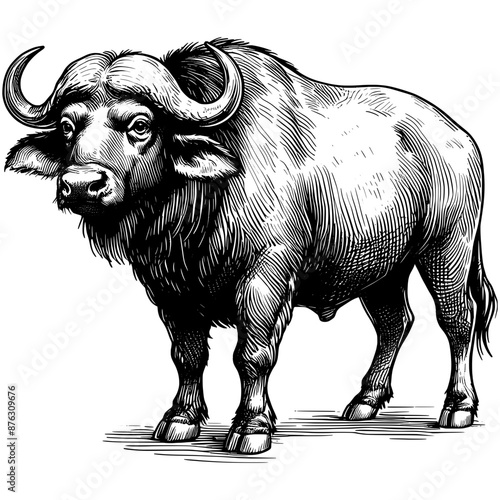 Vintage ink sketch buffalo vector line art black hand drawn, illustration background