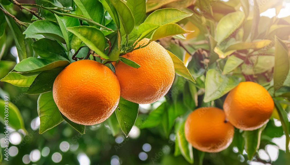 Ripe orange fruits on orange tree between lush foliage Ripe orange fruits on orange tree between lush foliage