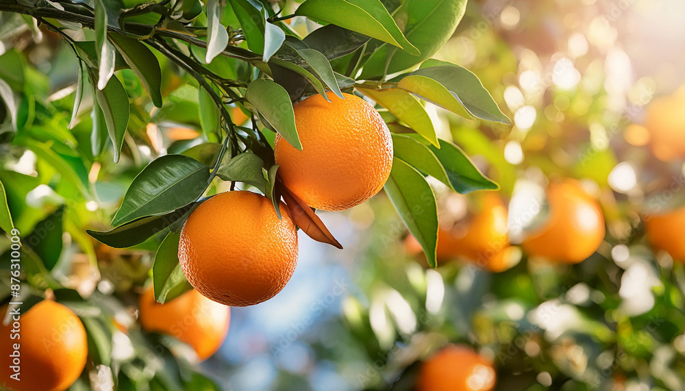 Ripe orange fruits on orange tree between lush foliage Ripe orange fruits on orange tree between lush foliage