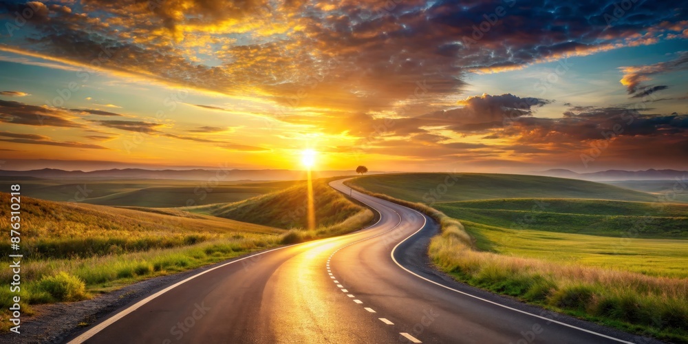 Winding Road to Golden Sunset, Landscape Photography, Country Road, Summer Road Trip, Nature Photography Winding Road to Golden Sunset, Landscape Photography, Country Road, Summer Road Trip, Nature Photography