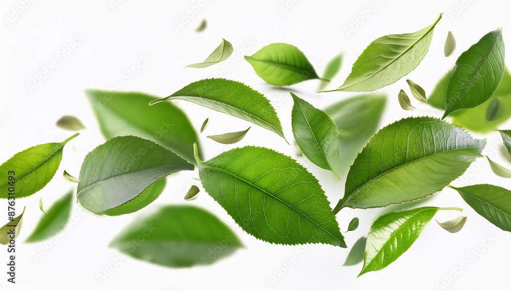 Fototapeta premium Floating Green Tea Leaves Illustration