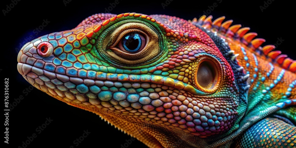 Fototapeta premium A Close-Up of a Rainbow Lizard's Head, showcasing its intricate scales and vibrant colors against a black background, lizard, reptile, colorful, macro, animal