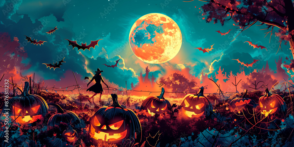 Halloween illustration, wizard in field full of flaming pumpkin heads, bats flying, scene lit by a full moon. Halloween illustration, wizard in field full of flaming pumpkin heads, bats flying, scene lit by a full moon.