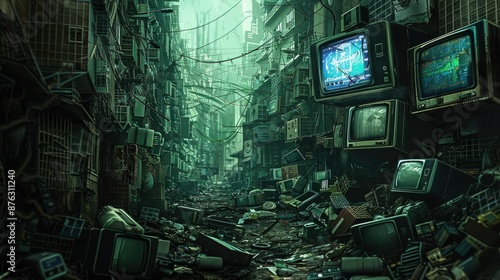 Discarded electronic waste in a dystopian cityscape, dark and moody atmosphere, Steampunk, Digital Art